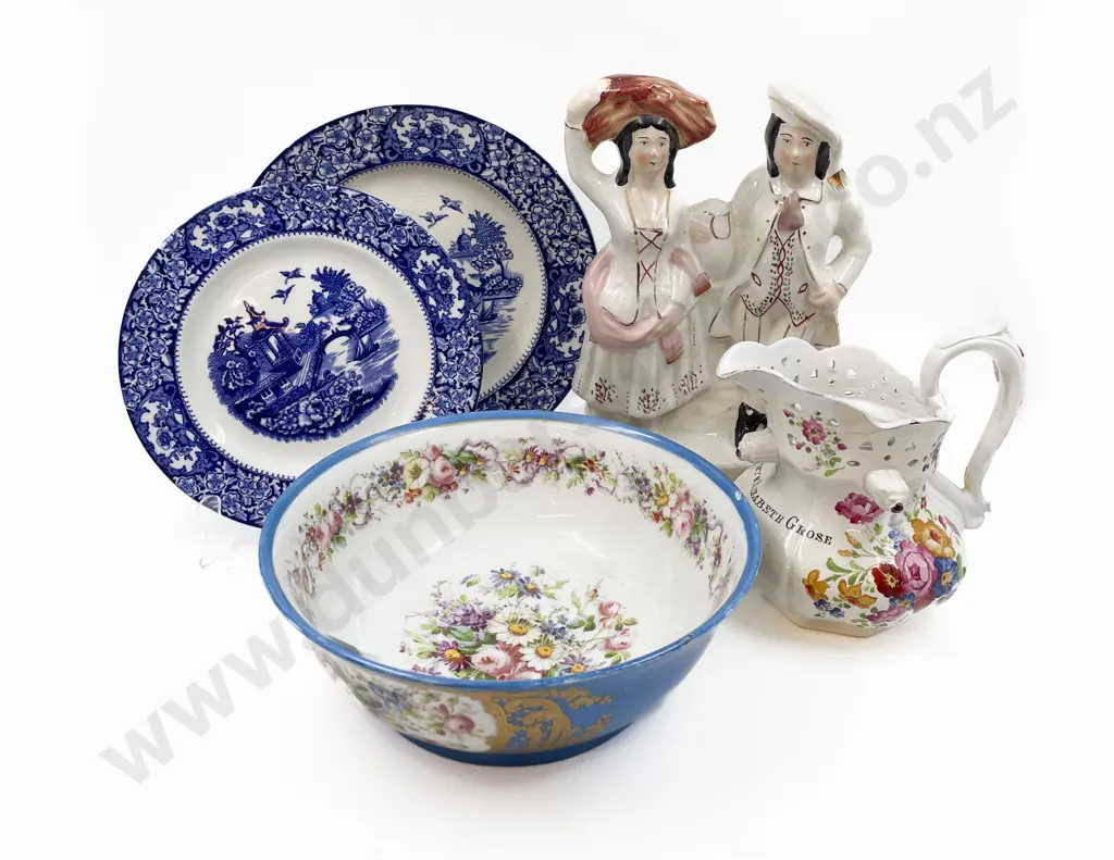 Staffordshire Figure Group with Two Blue and White Plates with Meissen Bowl and Jug Image 1++