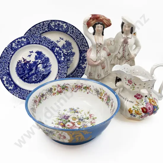 Staffordshire Figure Group with Two Blue and White Plates with Meissen Bowl and Jug