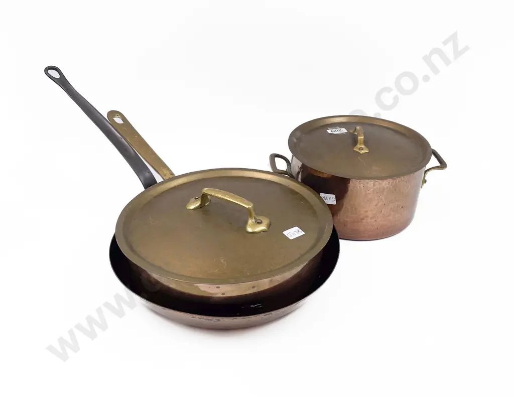 Two Lidded Copper Cooking Pots and Pan Image 1++