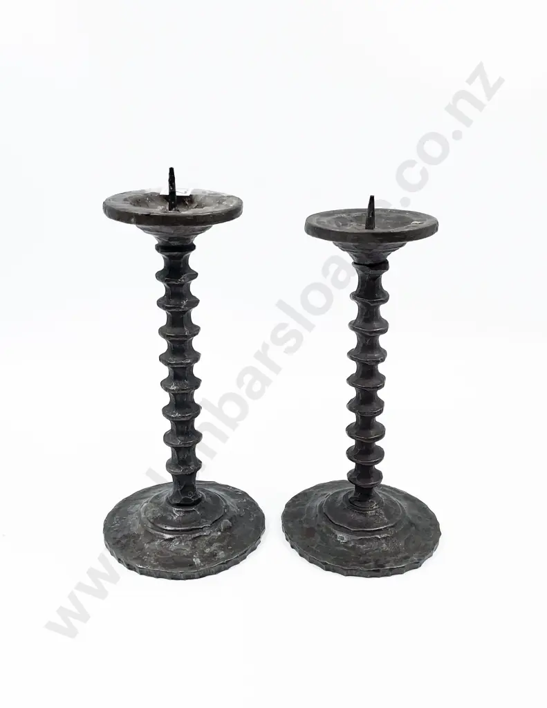 Pair of Heavy Hand Worked Iron Candlesticks Image 1++