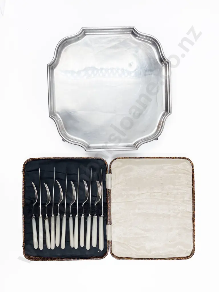 Silver Plate Salver with MOP Handled Cased Fruit Knives and Forks Image 1++