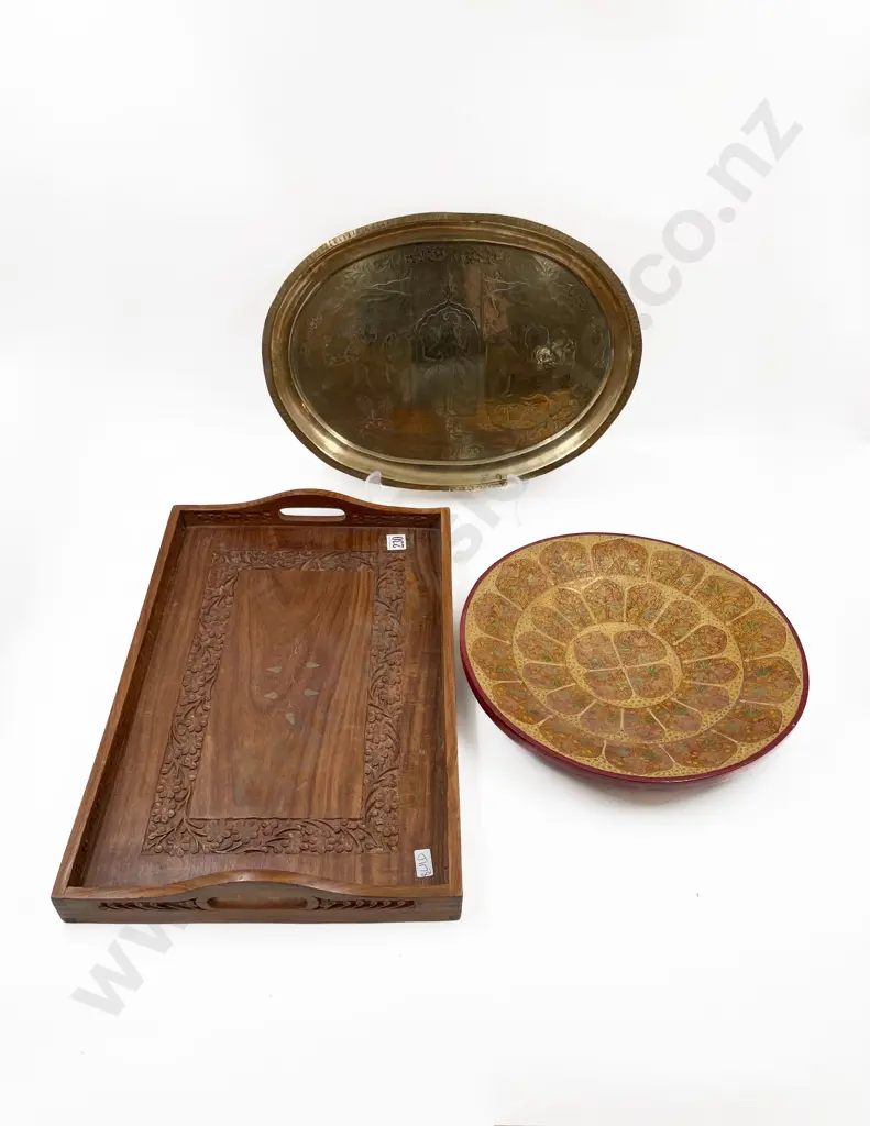 Finely Engraved Indian Brass Tray with Teak Tray and Lacquered Tray Image 1++
