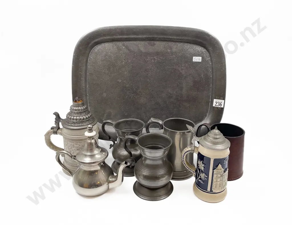 1930's Hammered Finished Pewter Tray with Mugs and Steins Image 1++