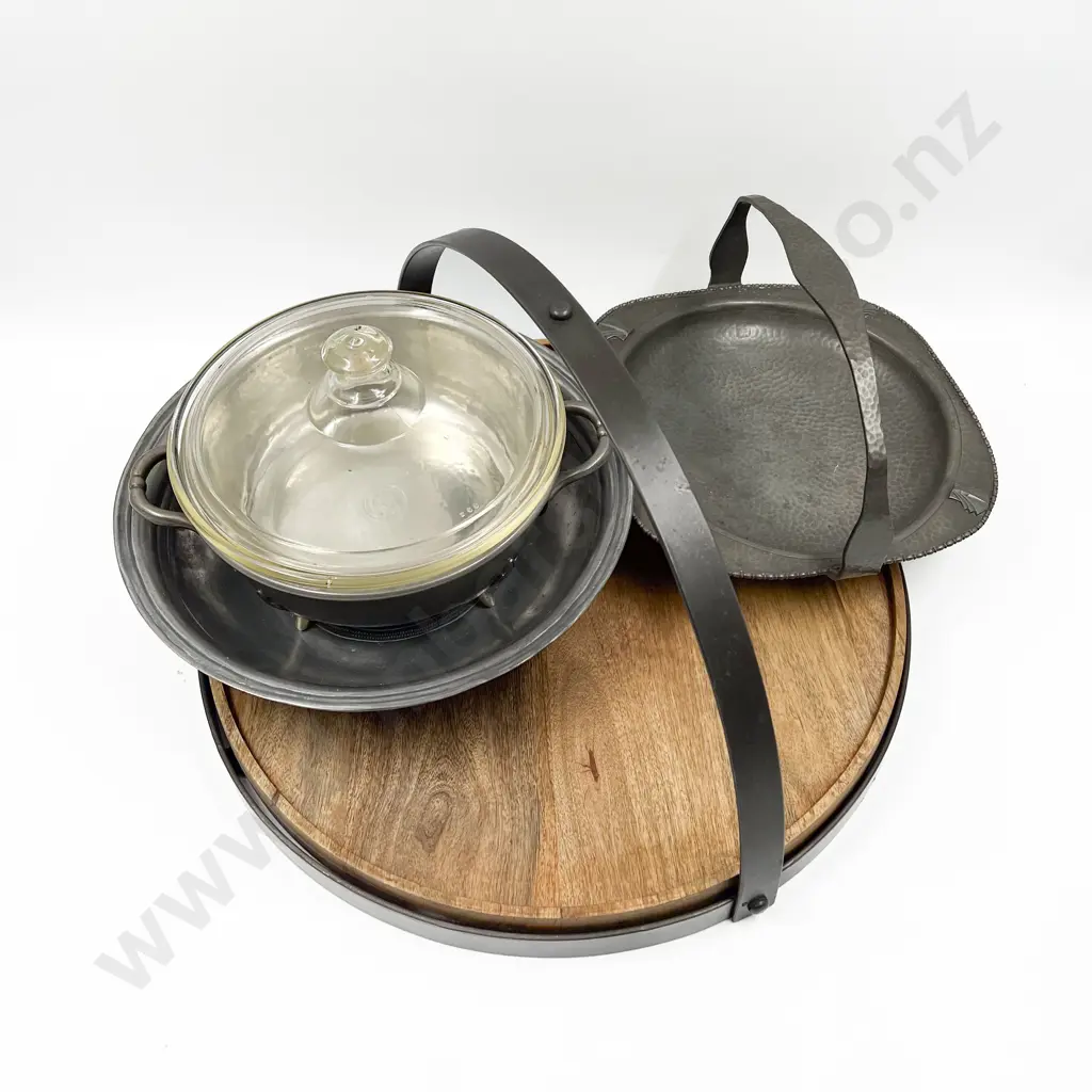 1930's Pewter Fruit Basket and Other Dish with Serving Dish and Modern Tray Image 1++
