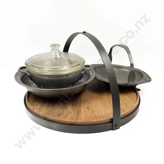 1930's Pewter Fruit Basket and Other Dish with Serving Dish and Modern Tray