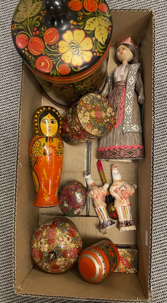 Collection of Russian Lacquered Ware with Stacking Doll and Two Whistles Image 1++