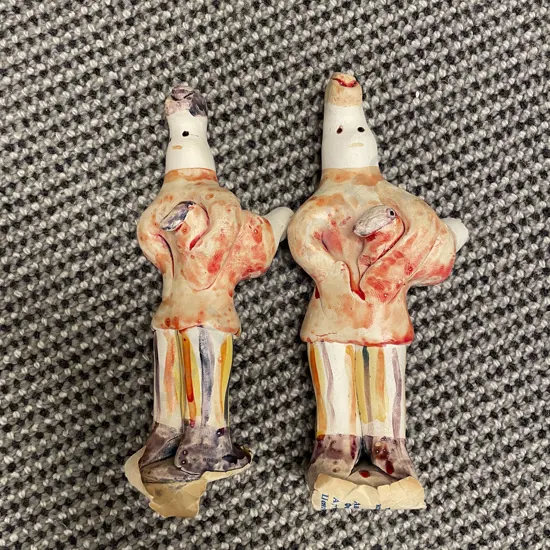 Collection of Russian Lacquered Ware with Stacking Doll and Two Whistles