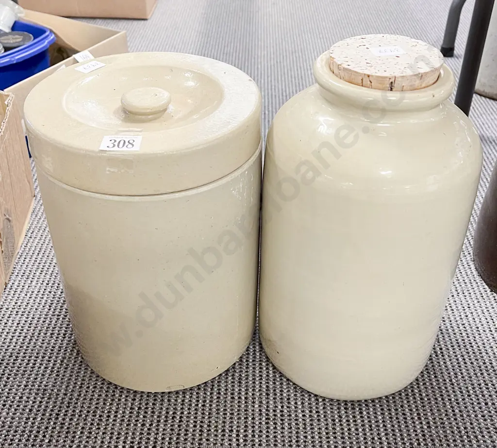Lidded Stoneware Jar and Stoneware Crock with Cork Stopper Image 1++