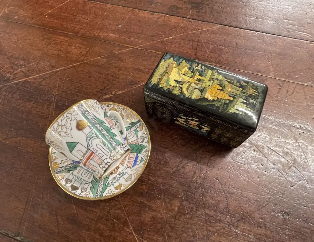 Small Russian Lacquered Box and Porcelain Demi-Tasse Cup and Saucer Image 1++
