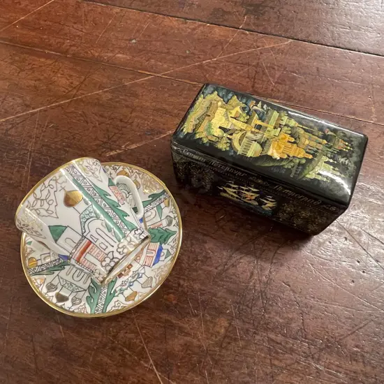 Small Russian Lacquered Box and Porcelain Demi-Tasse Cup and Saucer