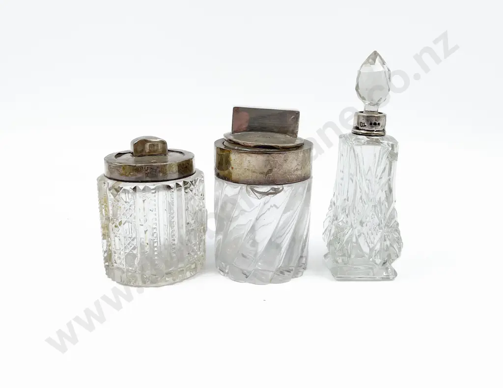 Two S/S Vanity Jars with S/S Rimmed Scent Bottle Image 1++