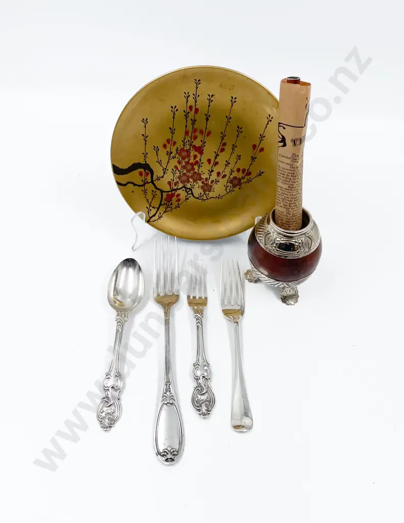 Four Pieces of S/S Cutlery on Small Lacquered Plate etc Image 1++