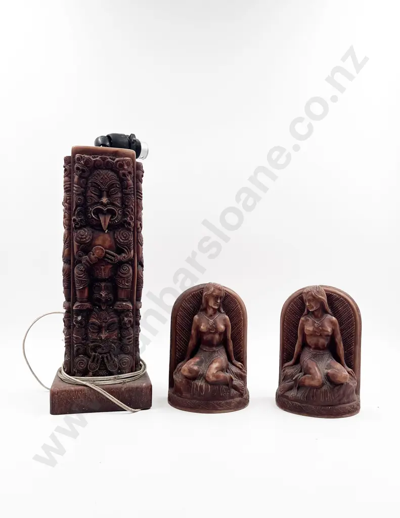 Carved Resin Table Lamp and Pair of Book Ends Image 1++