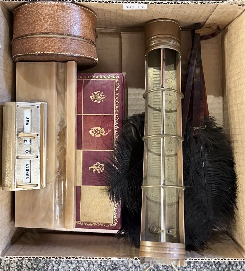 Feather Fan with Vintage Copper Thermometer etc Image 1++