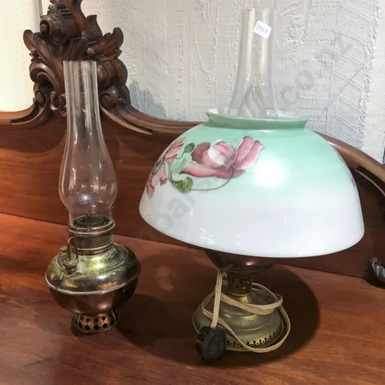 Brass Kerosene Lamp with Painted Glass Shade and Other