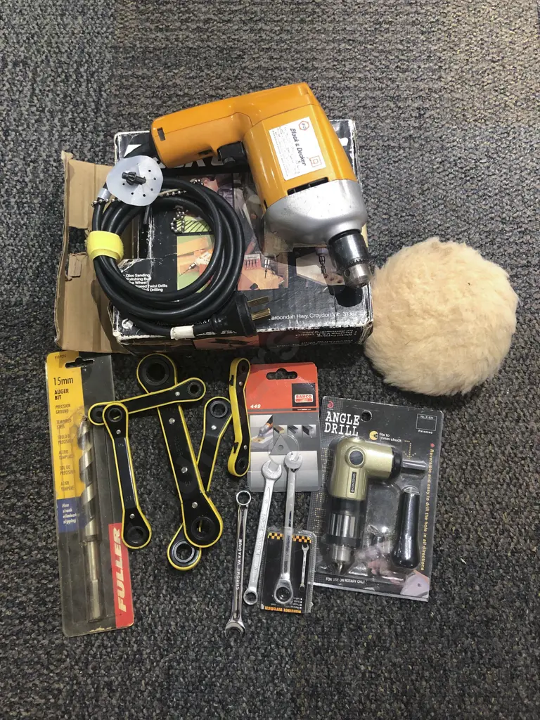Qty of Assorted Tools Including Boxed Black and Decker 10mm Variable Speed Reversing Drill Image 1++