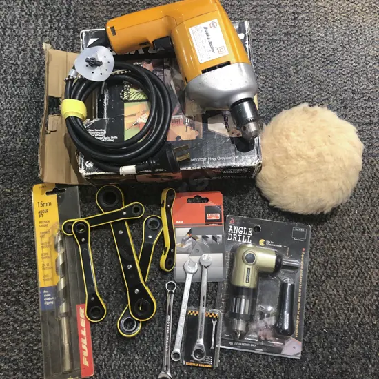 Qty of Assorted Tools Including Boxed Black and Decker 10mm Variable Speed Reversing Drill