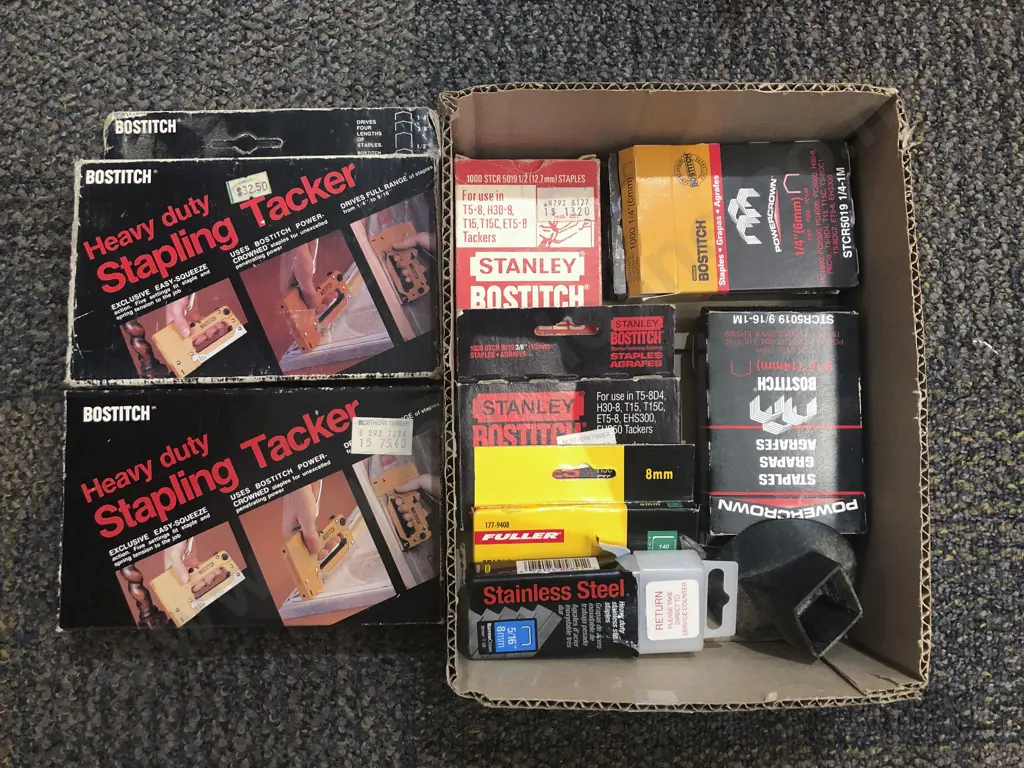 Two Vintage Boxed Heavy Duty Stapling Tackers and Assorted Boxed Staples Image 1++