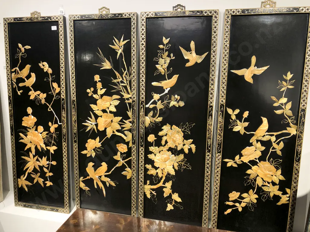 Four Lacquered Panels of Birds and Flowers Image 1++