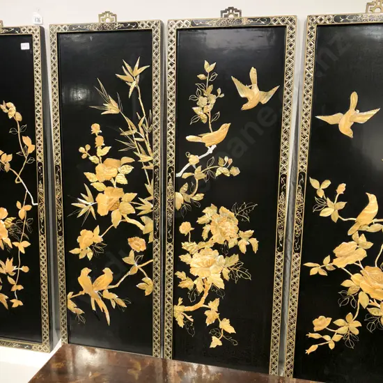 Four Lacquered Panels of Birds and Flowers
