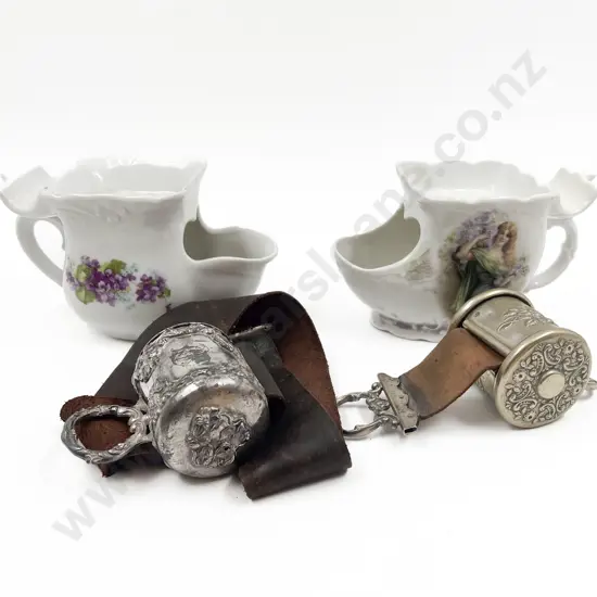 Two Victorian Plated Shaving Strops and Two Shaving Mugs