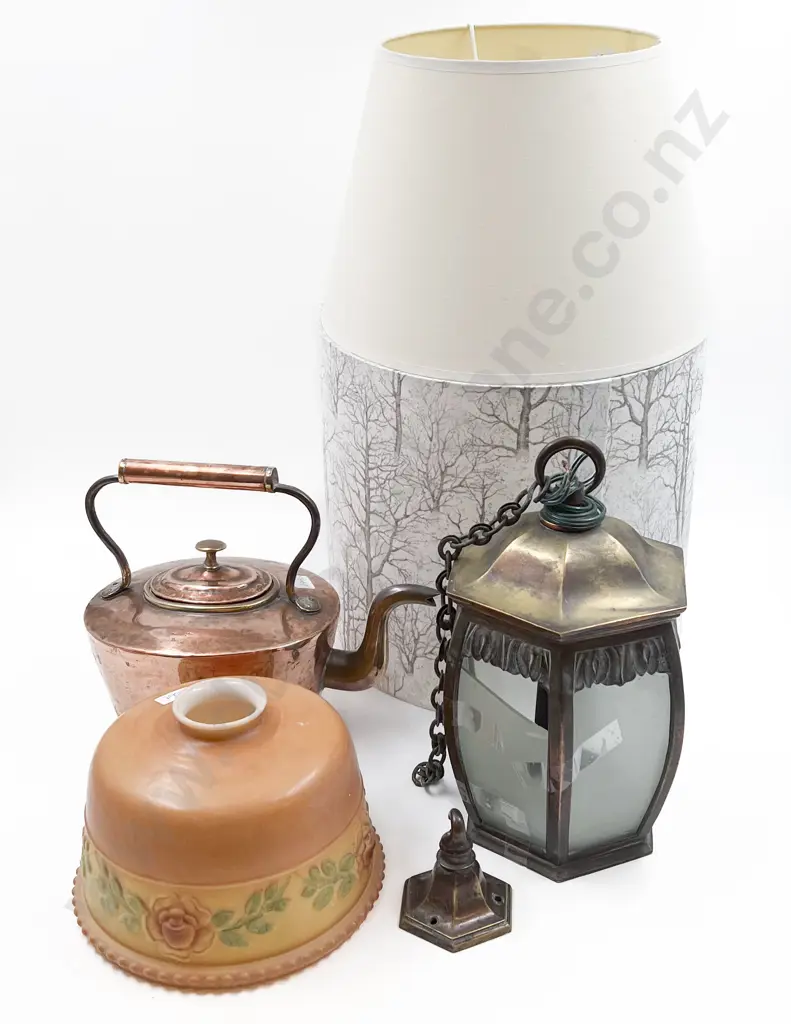 Copper Kettle Together with Vintage Glass Shade and Lantern With Two Other Lightshades Image 1++