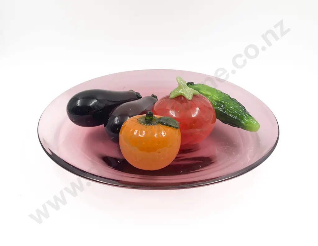 Five Assorted Art Glass Fruit/Vegtable Ornaments on Art Glass Vegetable Charger Image 1++