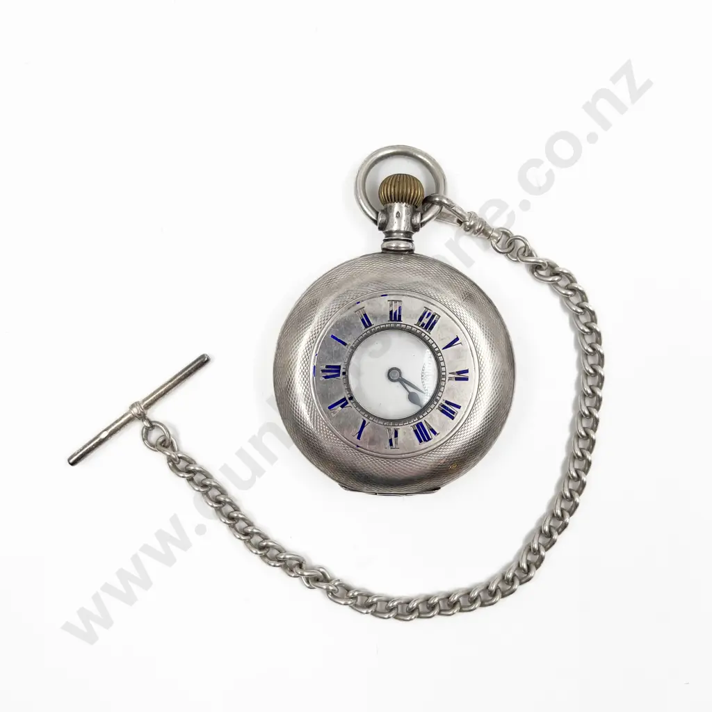 Silver Cased Pocket Watch and Chain Image 1++