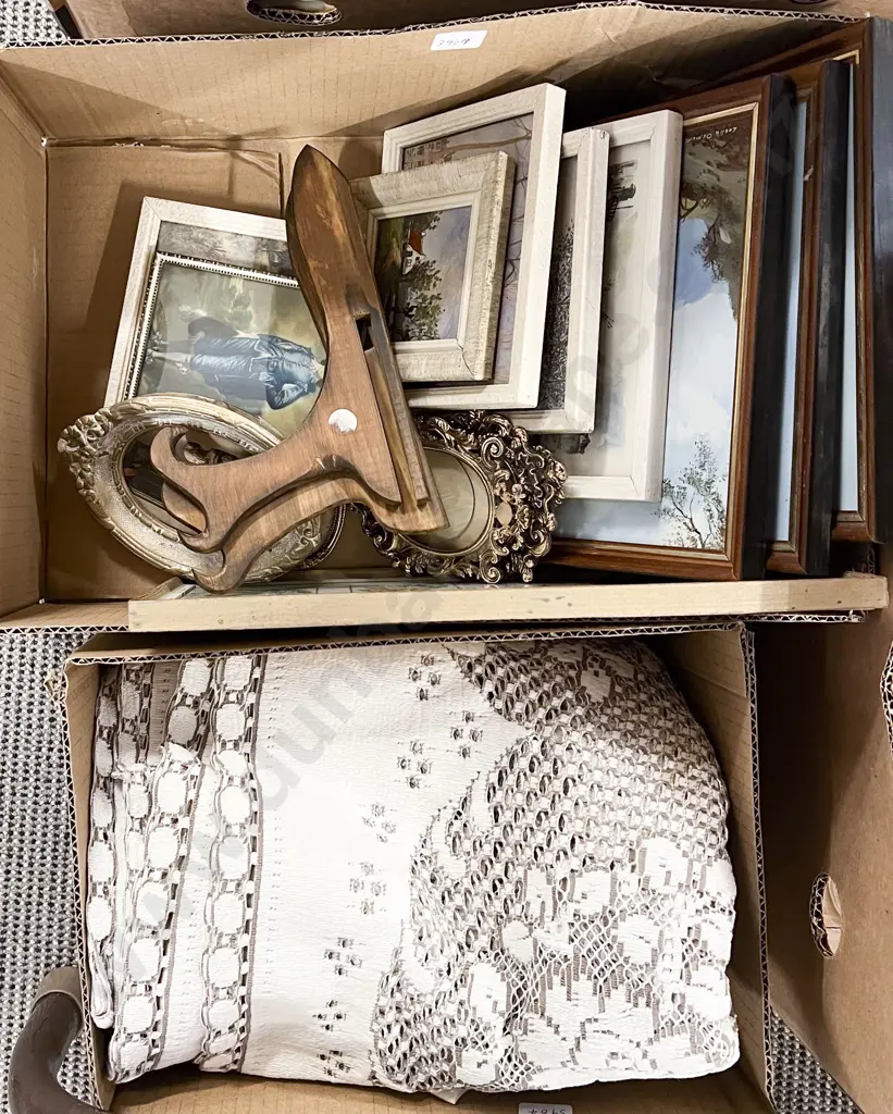 Box of Assorted Small Frames and Small Box of Assorted Vintage Linen Image 1++