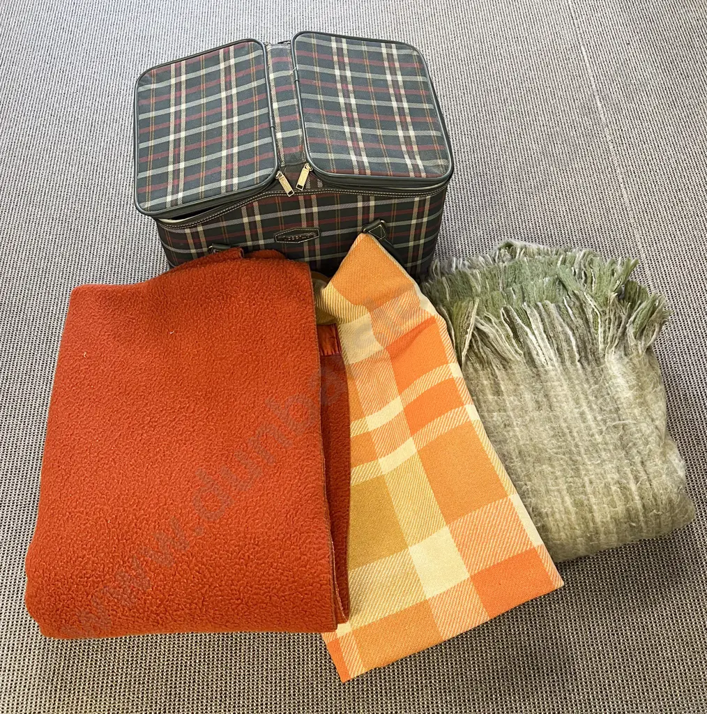 Three Assorted Blankets Together With Picnic Basket Image 1++