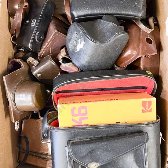 Two Boxes of Assorted Vintage Camera Cases Etc