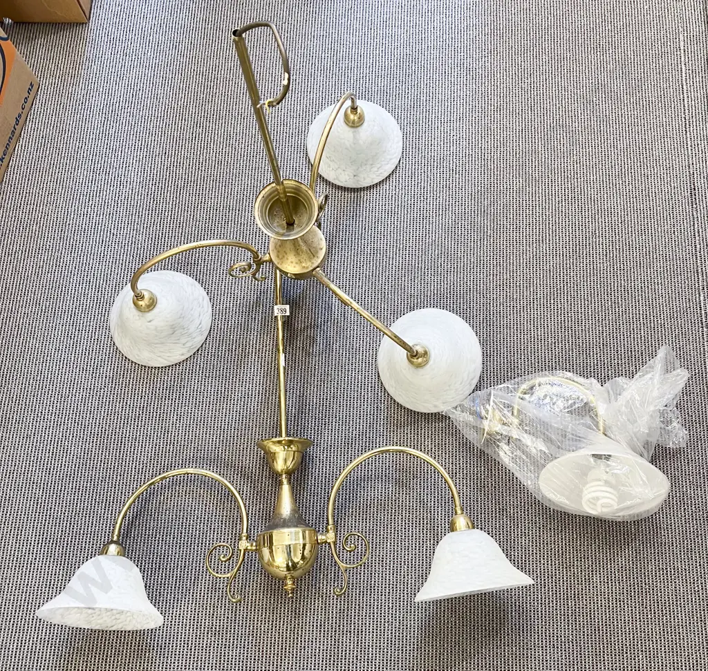 Modern Brass Three Light Chandelier Together with Matching Two Light and Wall Light Image 1++