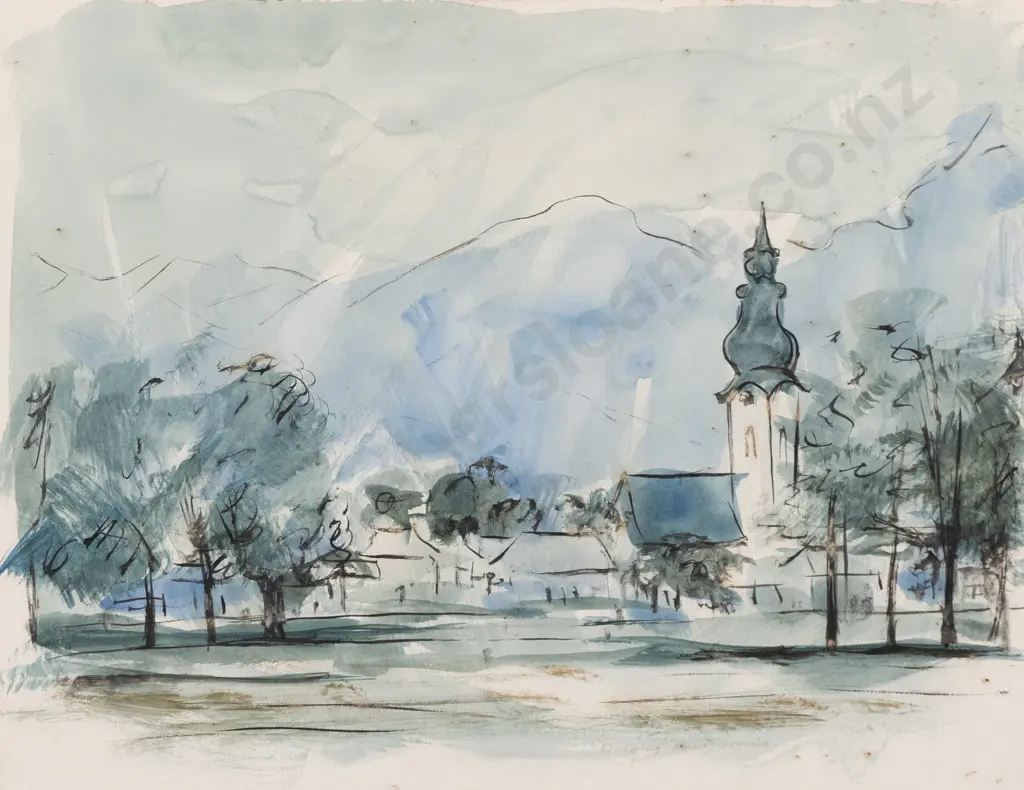 Douglas MacDiarmid (1922 - 2020) - Landscape with Church Tower Image 1++