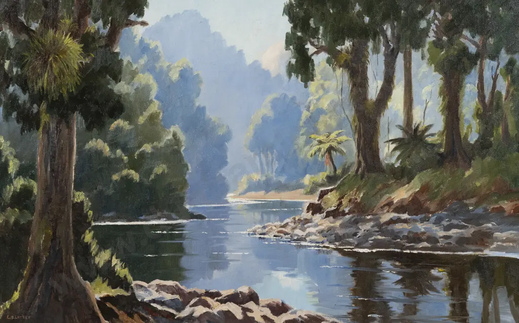 E B Lattey (1899 - 1986) - Bush Stream King Country Image 1++