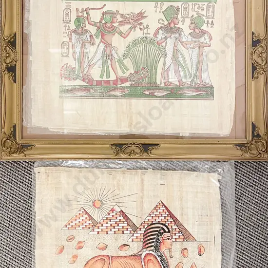 Framed Egyptian Artwork on Papyrus & Four Others