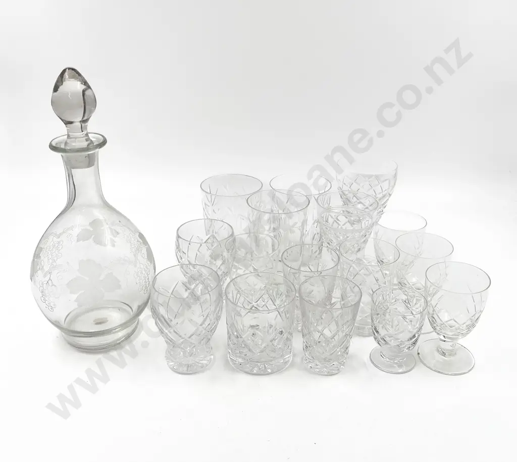 Mid C20th Czech Etched Glass Wine Decanter & Various Crystal Goblets Image 1++