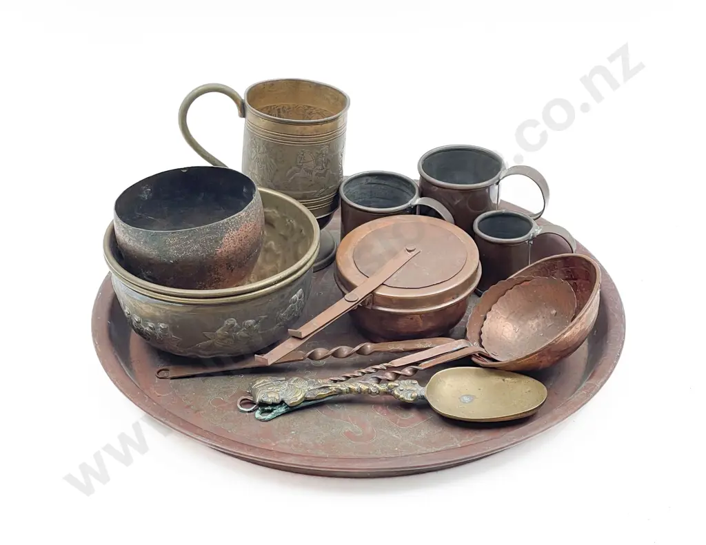 Copper Tray with Three Cup Measures Ladles & Various Image 1++