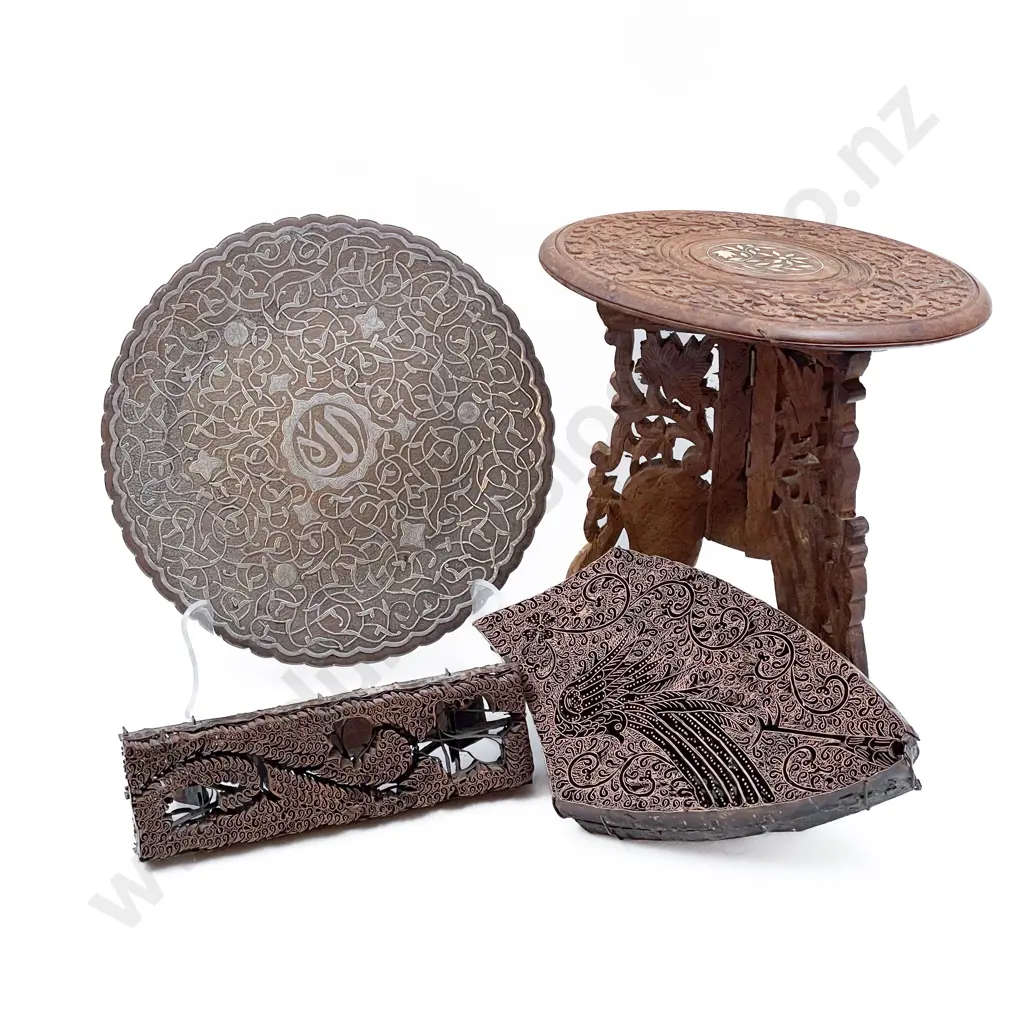 Small Indian Carved Folding Table Silver & Copper Tray & Two Batik Stamps Image 1++