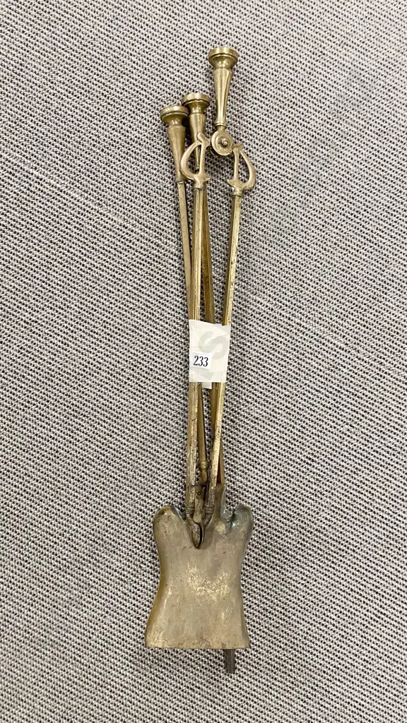 Set of Three Brass Fire Irons & Single Dog Image 1++