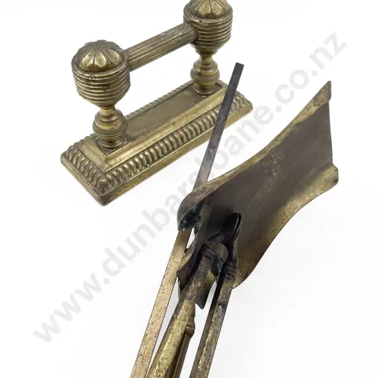Set of Three Brass Fire Irons & Single Dog