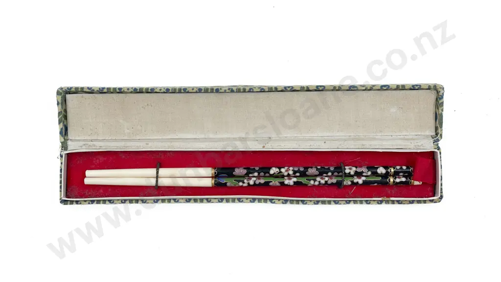 Boxed Pair Ivory and Cloisonne Chop Sticks Image 1++