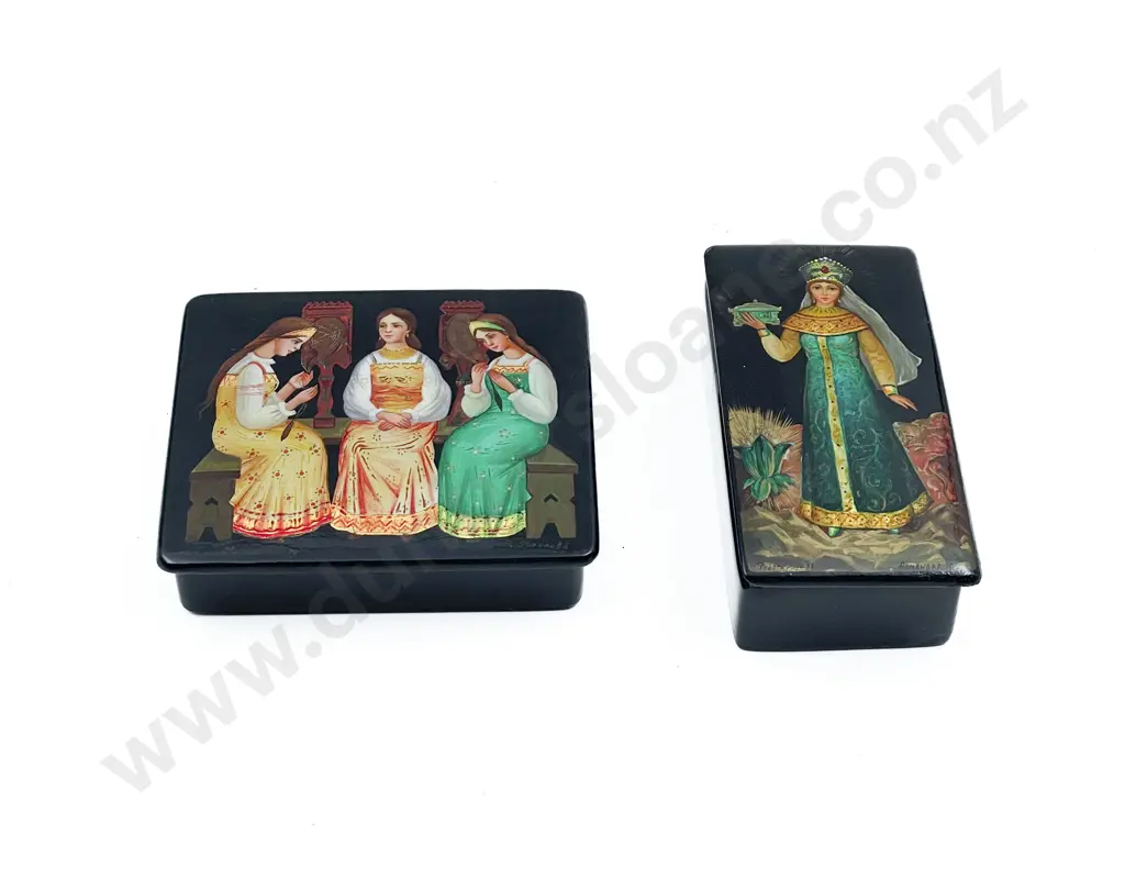 Two Russian Hand Painted and Lacquered Trinket Boxes Image 1++