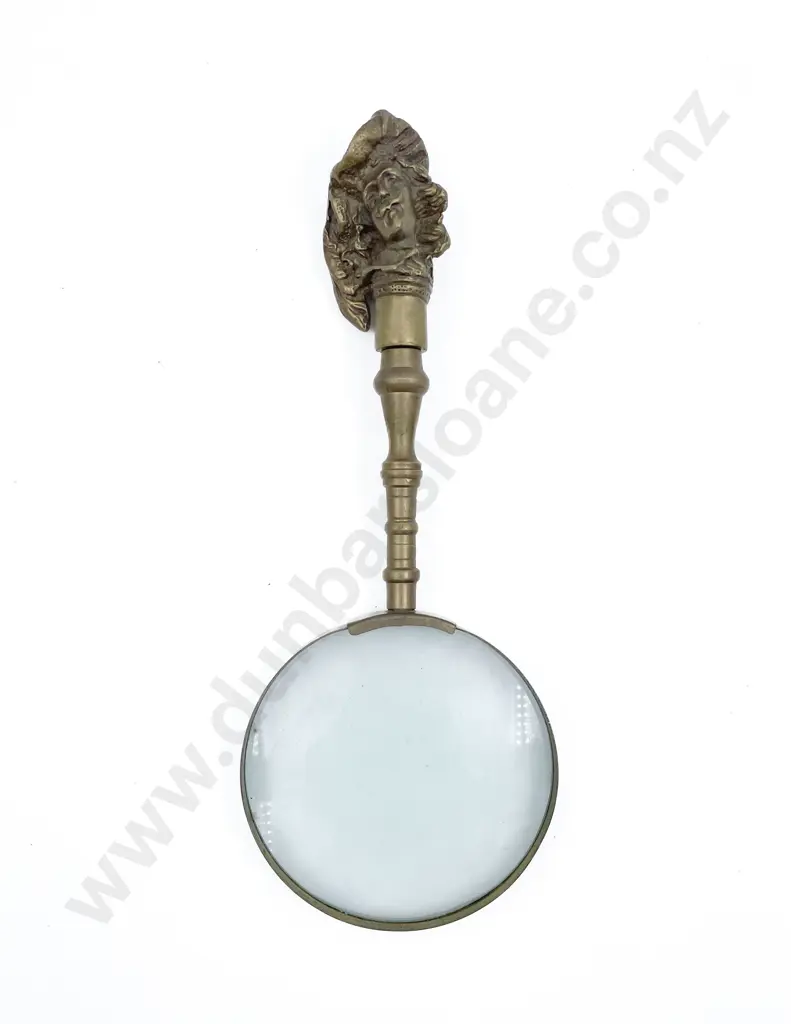 Large Magnifying Glass with Ornate Brass Bust Handle Image 1++