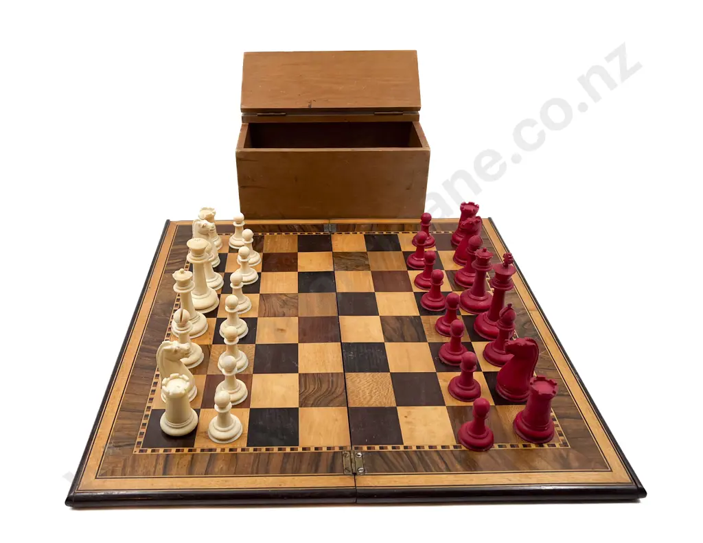Victorian Period Ivory Chess Set on Various Wood Inlaid Board Image 1++