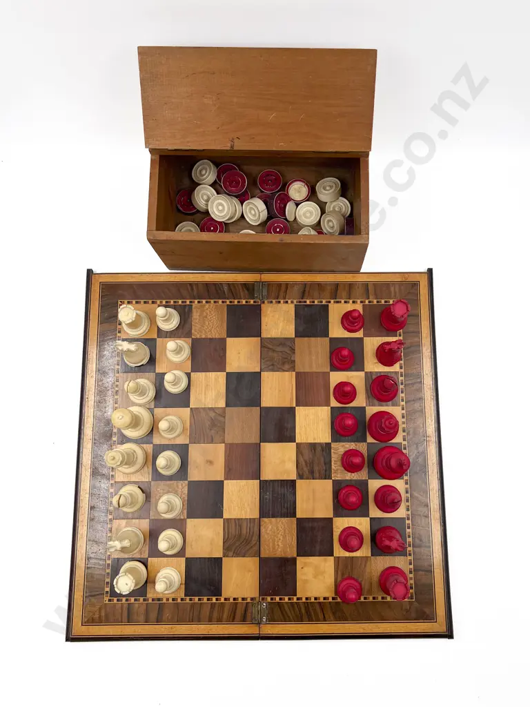 Victorian Period Ivory Chess Set on Various Wood Inlaid Board Image 1++