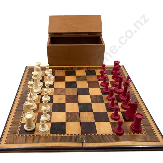 Victorian Period Ivory Chess Set on Various Wood Inlaid Board