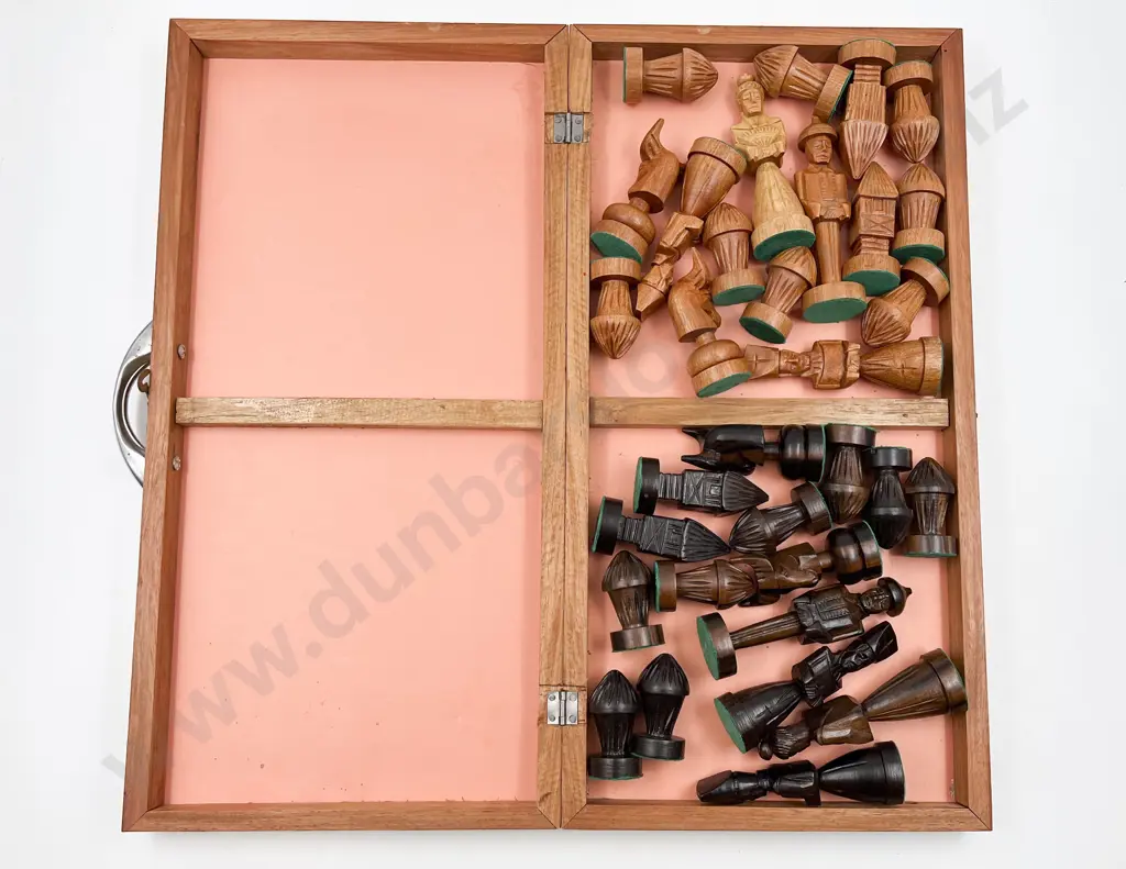 Rosewood & Teak Asian Design Chess Set in Case Image 1++