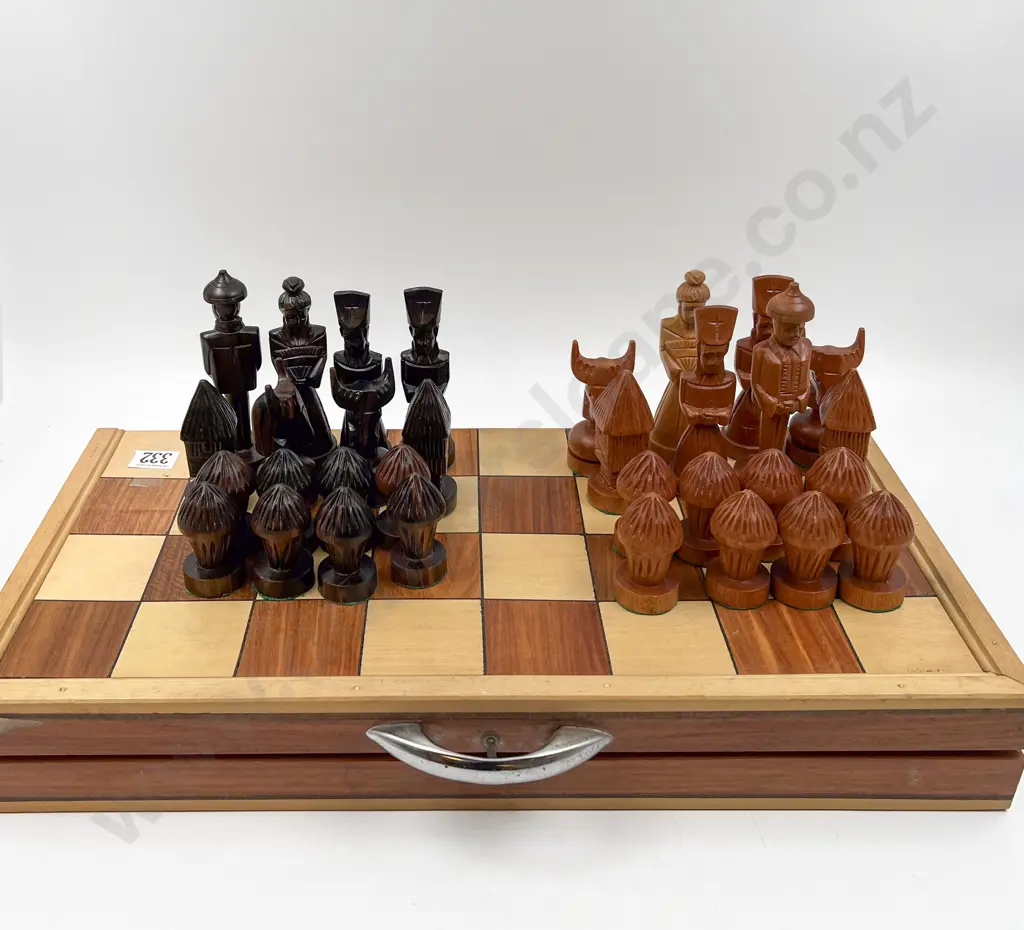 Rosewood & Teak Asian Design Chess Set in Case Image 1++