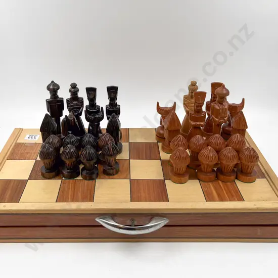 Rosewood & Teak Asian Design Chess Set in Case