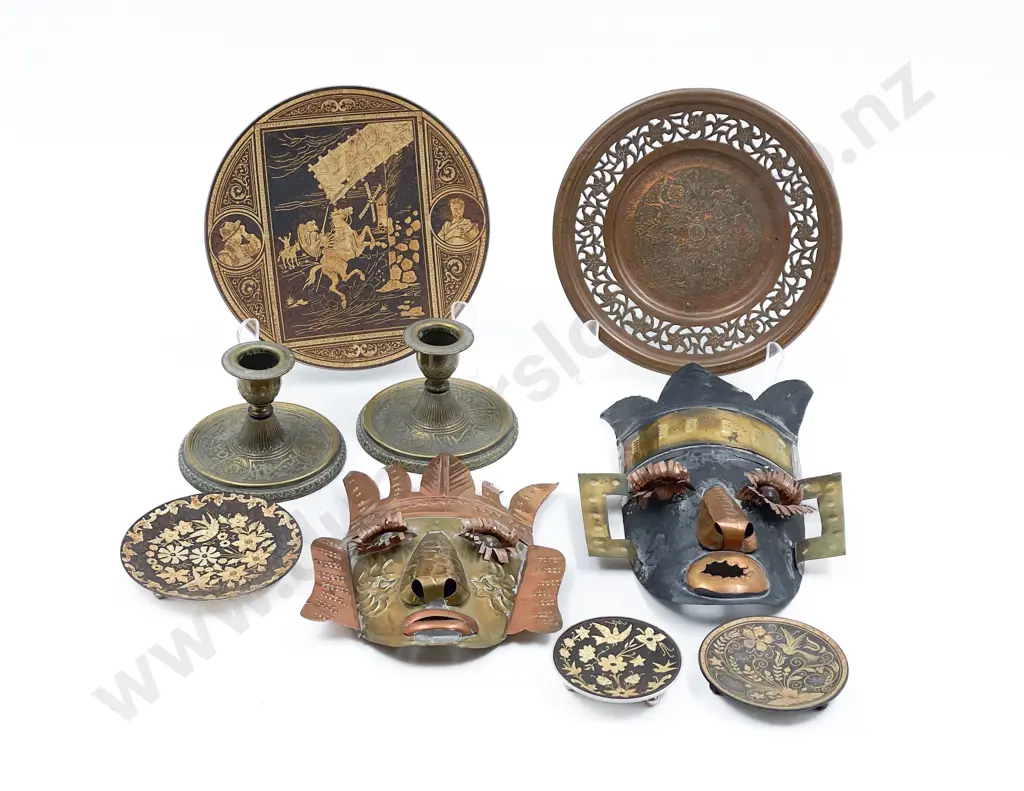 Four Damascene Dishes with Pair Candlesticks Dish & Mask Image 1++